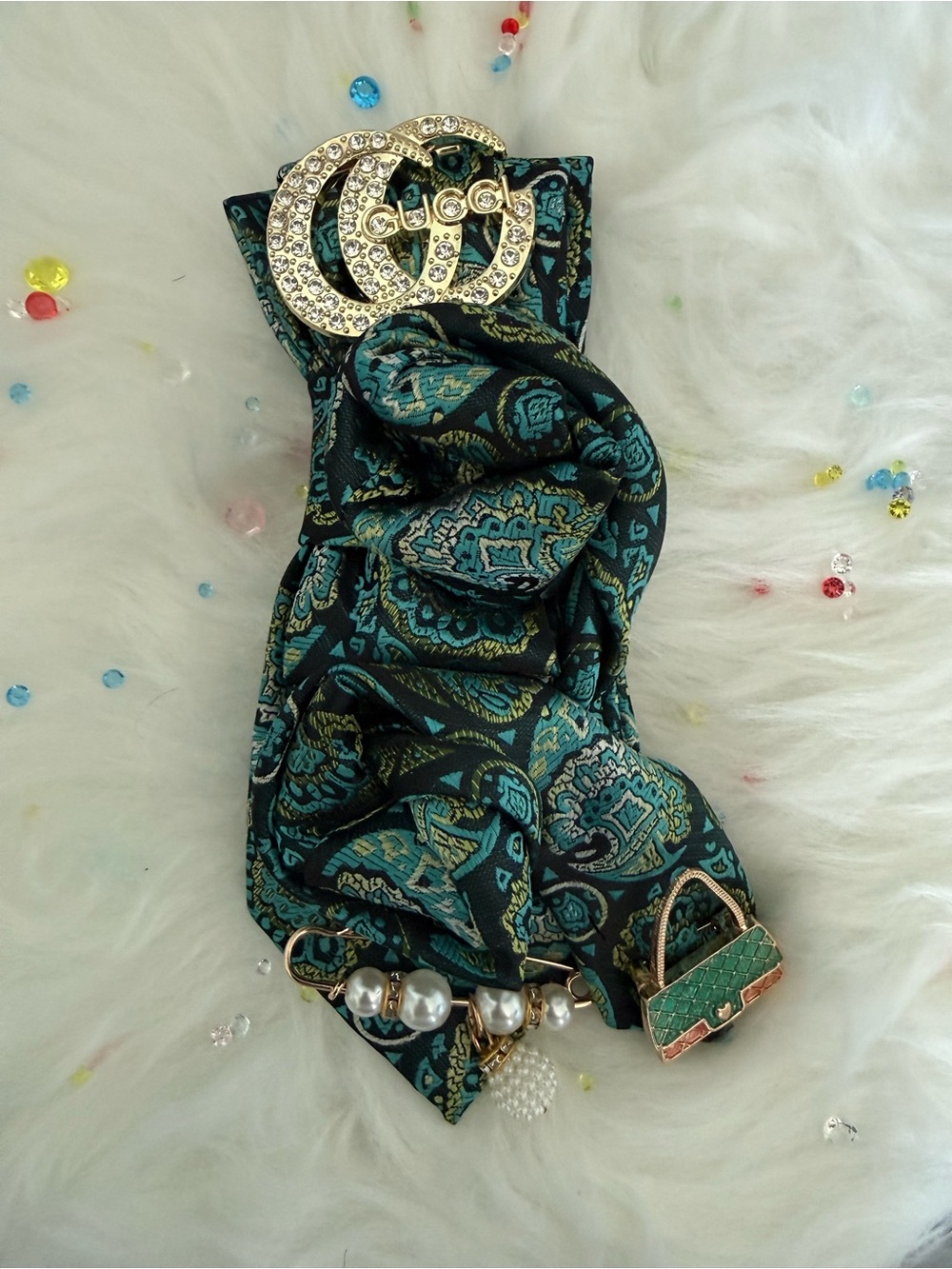Gold-Accented Teal Patterned Women's Scarf Bag